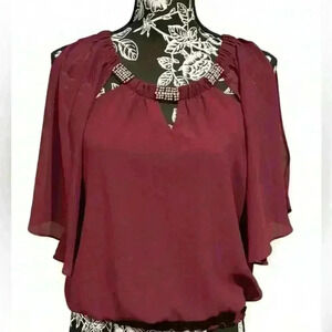 BCX Women's Maroon Keyhole Neck Blouse Beaded Detail Size S
